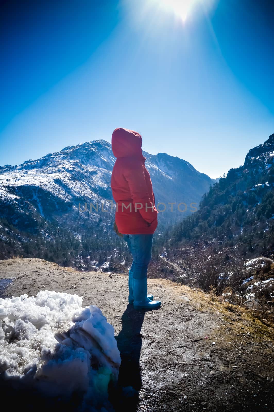 A woman in winter warm clothing standing on top of the rock of a snowcapped rocky mountain peak. Rear view. Deep Snow and Blizzard all around. Human face to face with beauty in nature concept.