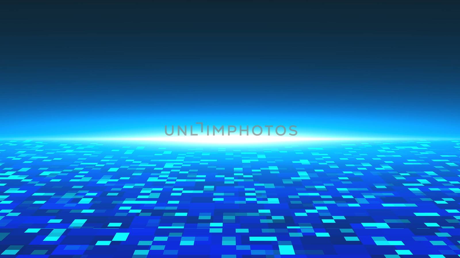 3d technology background with surface with squares and lighting horizon, 3d rendering for science or technology