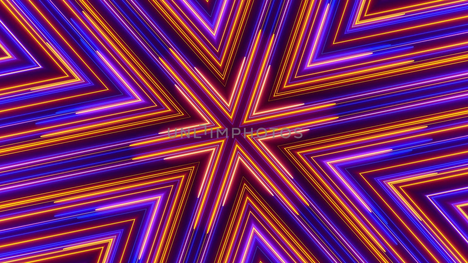 Beautiful abstract symmetry kaleidoscope with shiny neon lines, 3d rendering backdrop, computer generating background