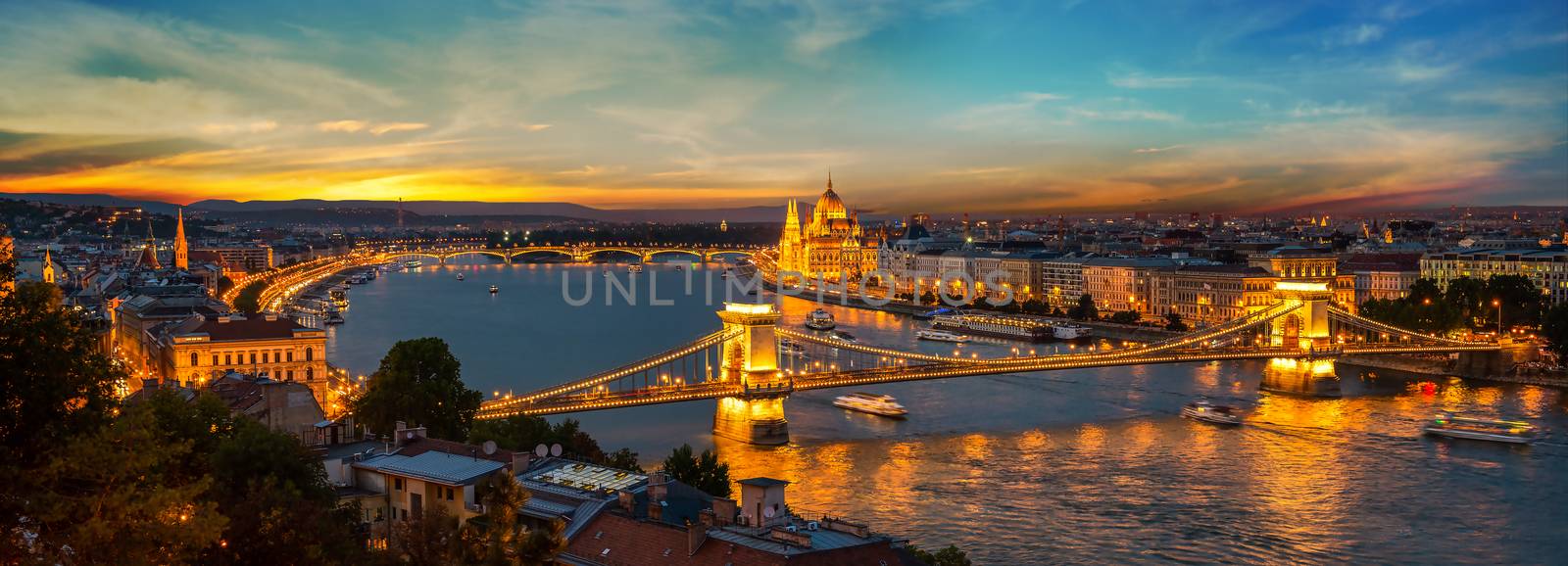 Panoramic view on illuminated Budapest in evening, Hungary