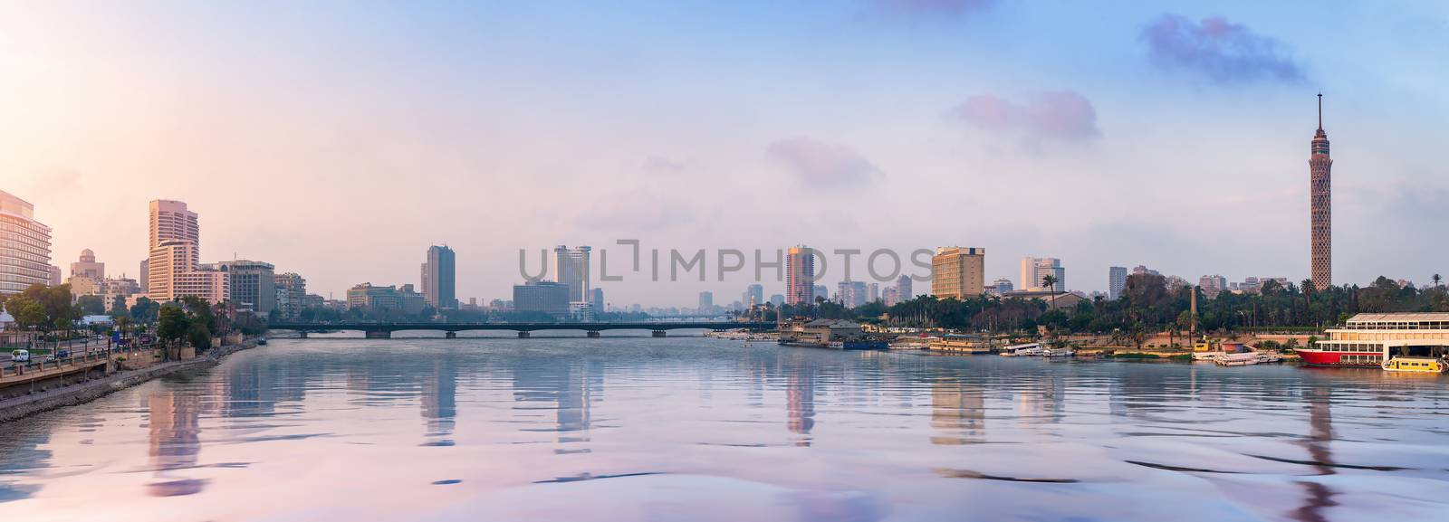 Panorama of the Nile River, view of the Cairo city