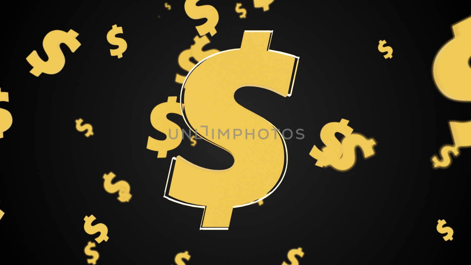 Flying currency signs of dollar on black background, 3d Illustration, computer render by nolimit046