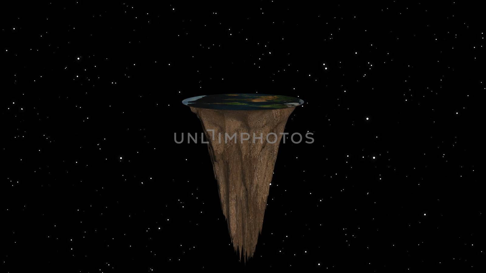 Flat earth with nature landscape, ancient belief in plane globe in form of disk, 3d rendering by nolimit046