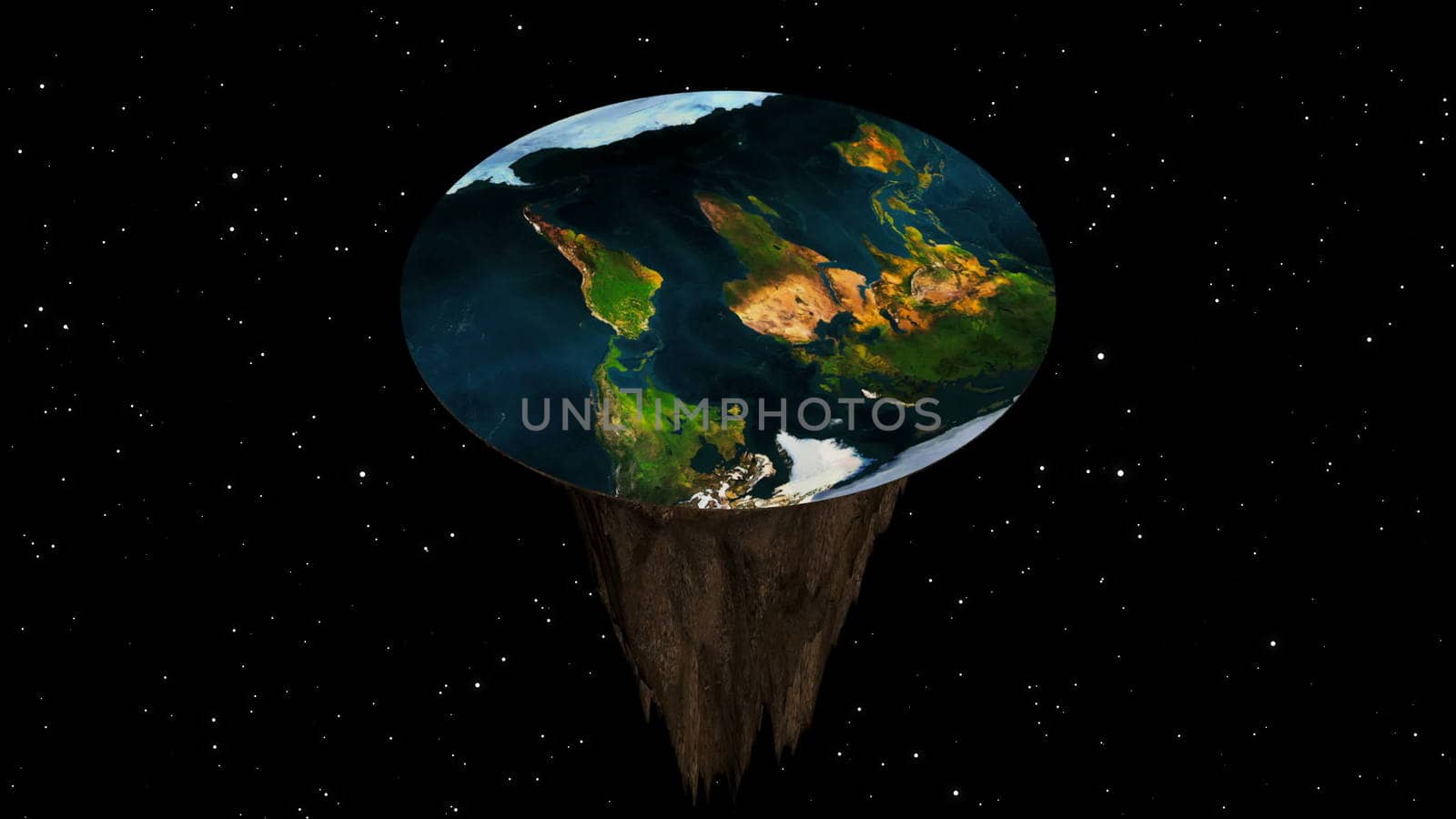 Flat earth with nature landscape, ancient belief in plane globe in form of disk, 3d rendering by nolimit046