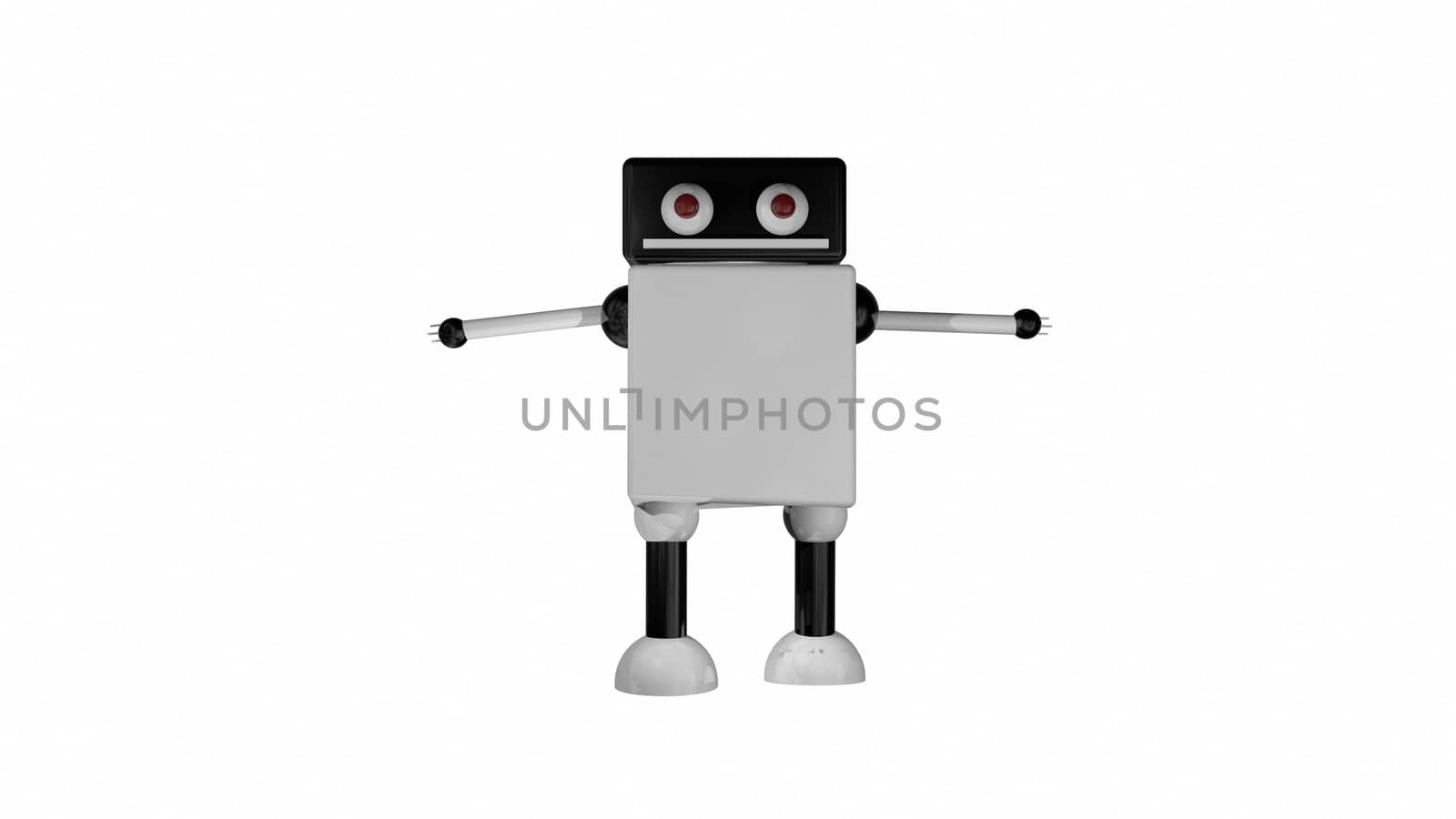Funny going robot with big eyes in black space, 3d rendering background, computer generating