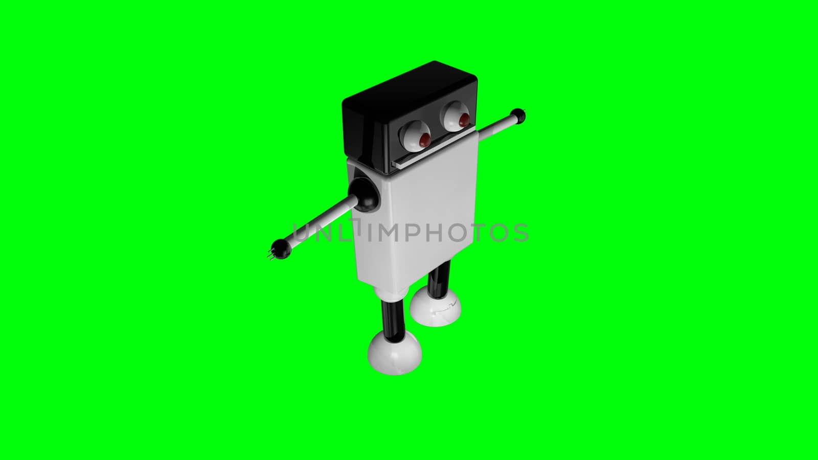 Funny going robot with big eyes in black space, 3d rendering background, computer generating