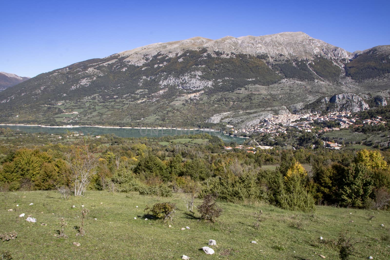 The village of Barrea and Barrea lake in Abruzzo region, Italy