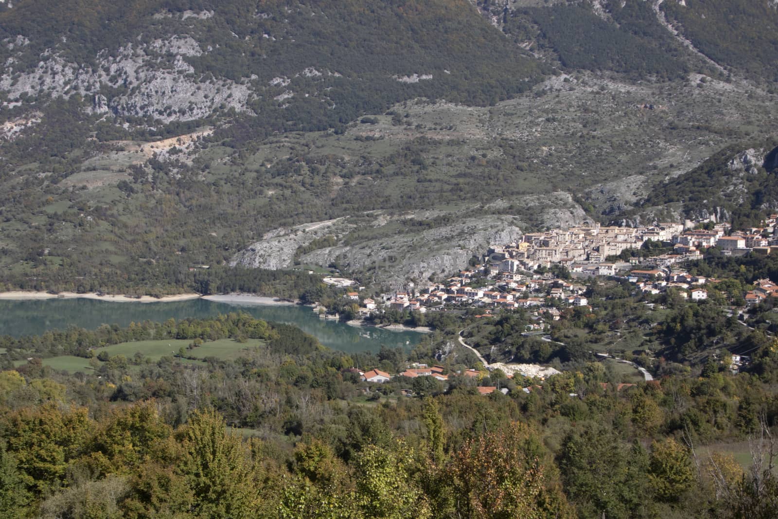 The village of Barrea and Barrea lake in Abruzzo region, Italy