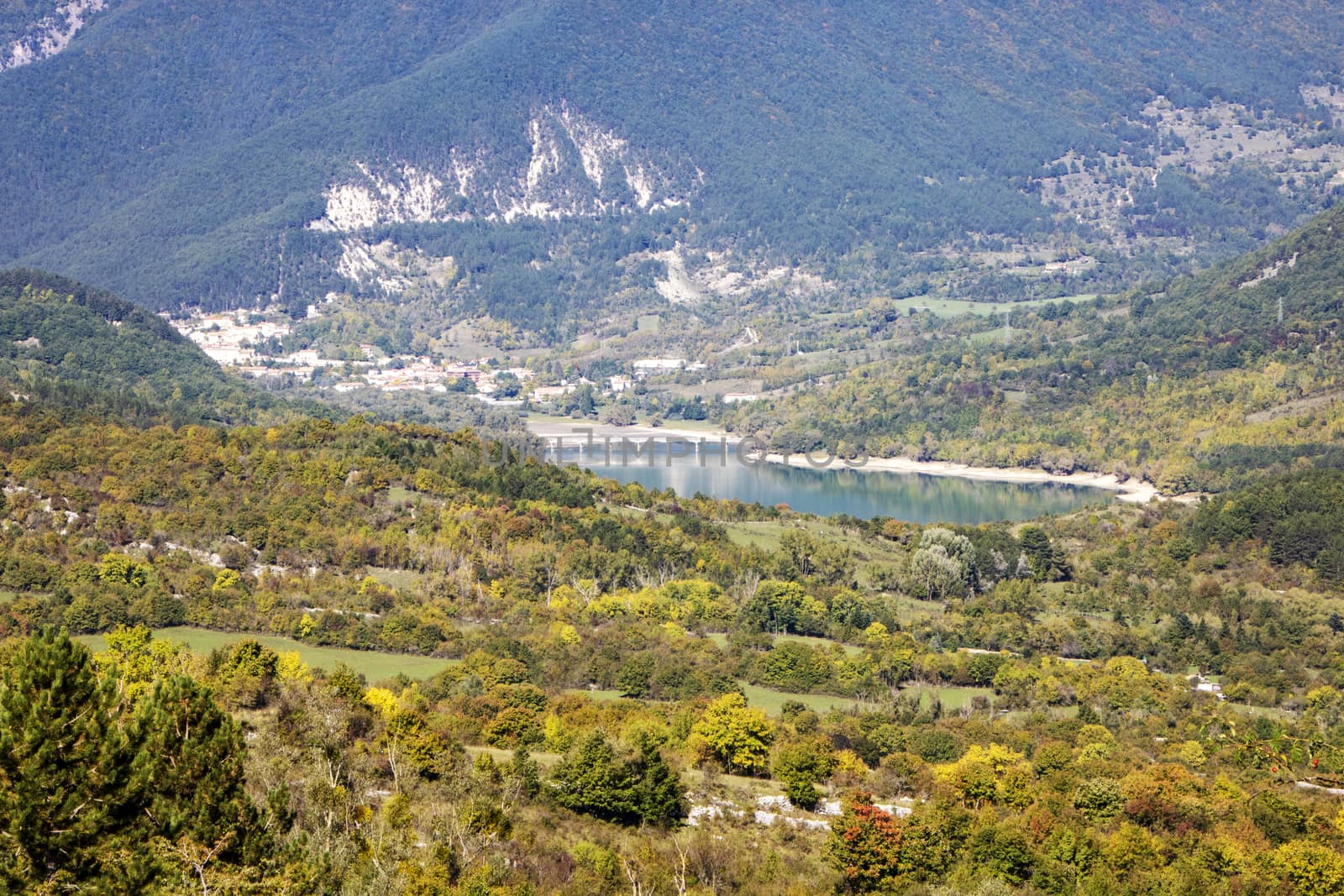 The village of Barrea and Barrea lake in Abruzzo region, Italy
