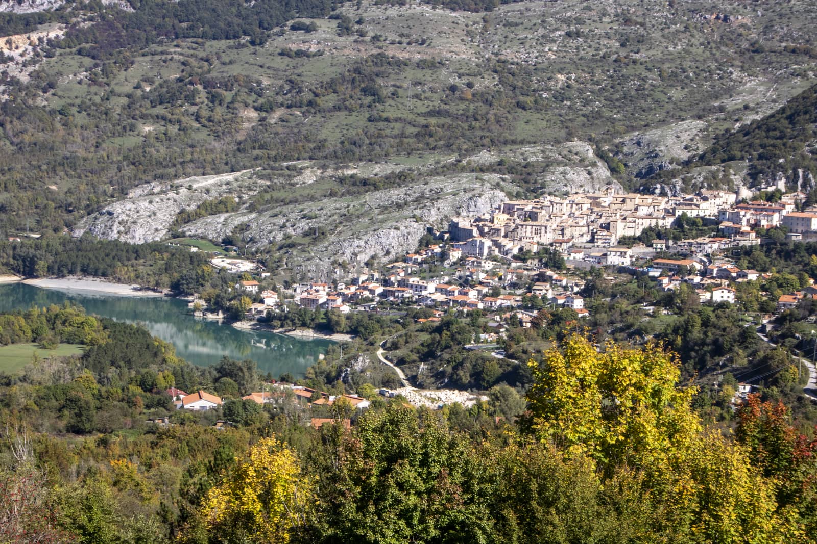 The village of Barrea and Barrea lake in Abruzzo region, Italy