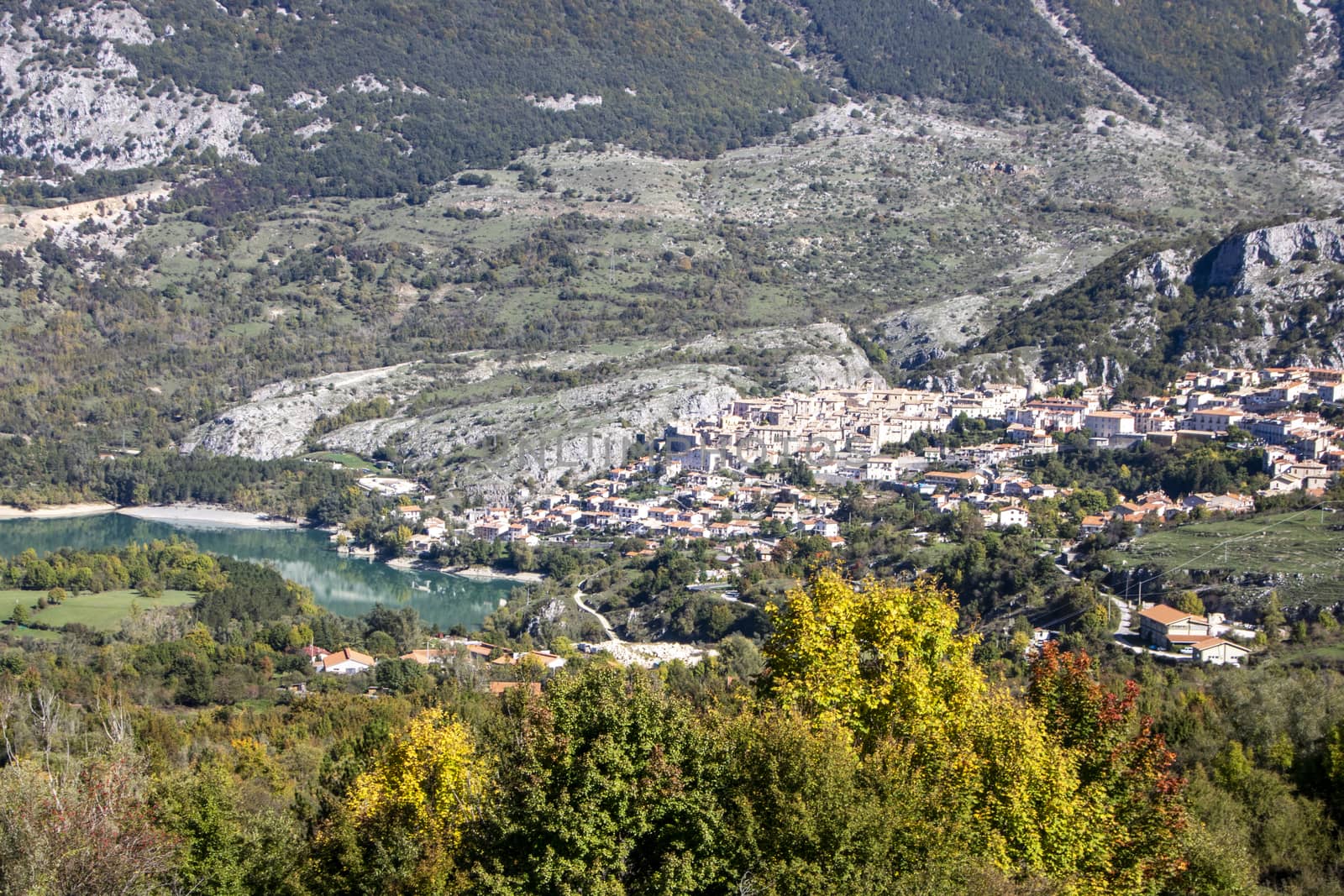 The village of Barrea and Barrea lake in Abruzzo region, Italy
