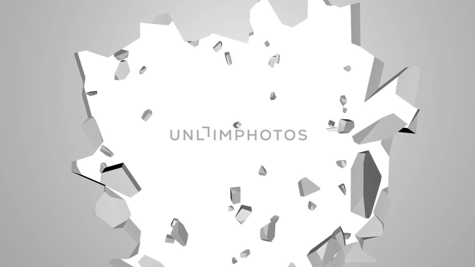 Abstract 3d render of cracked wall, destruction, explosion broken white wall with hole, computer generated backdrop by nolimit046