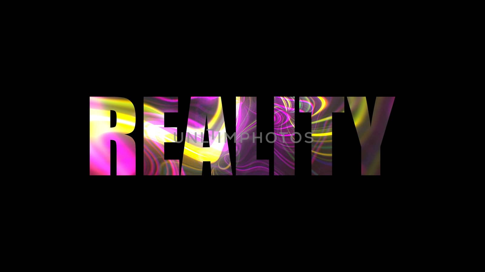 Letters of bright shiny Reality text, 3d rendering background, computer generating for gaming