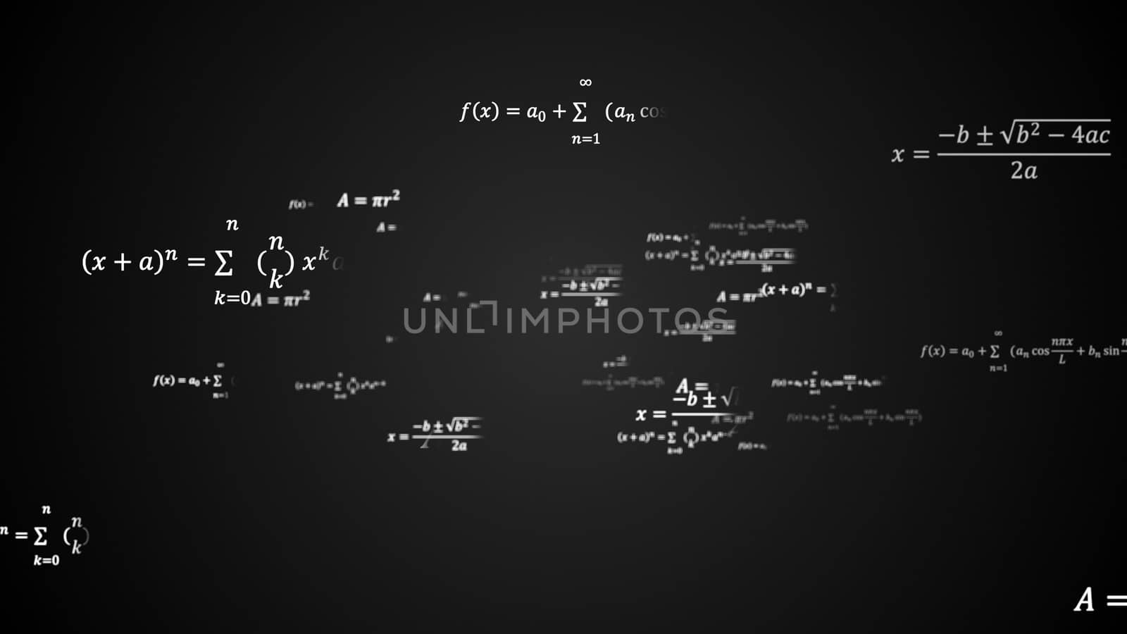 Scientific 3d background with physical and mathematical task solutions, formulas in space, 3d computer generated backdrop