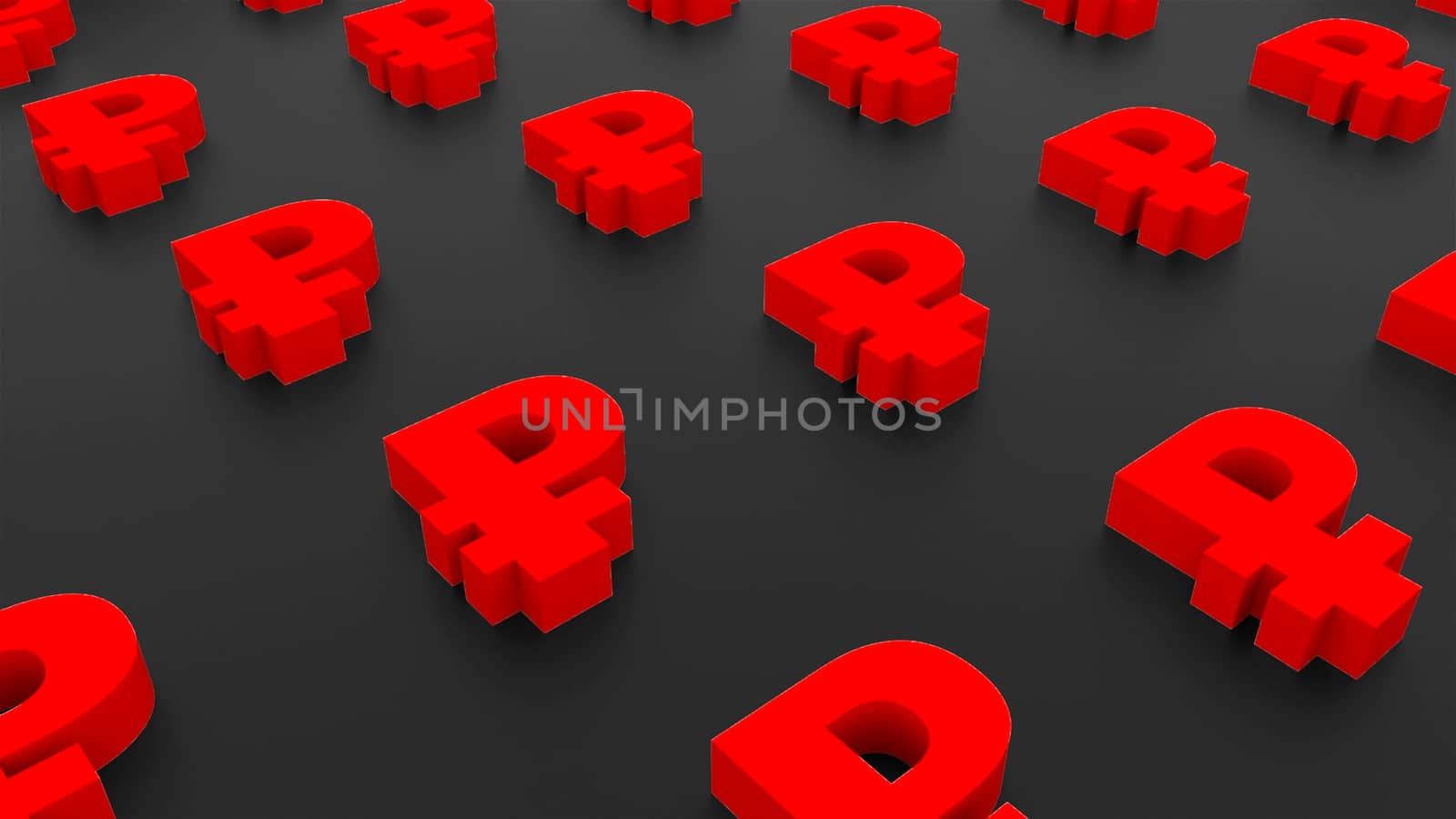 Many signs of Russian ruble on black background, 3d Illustration, computer rendering