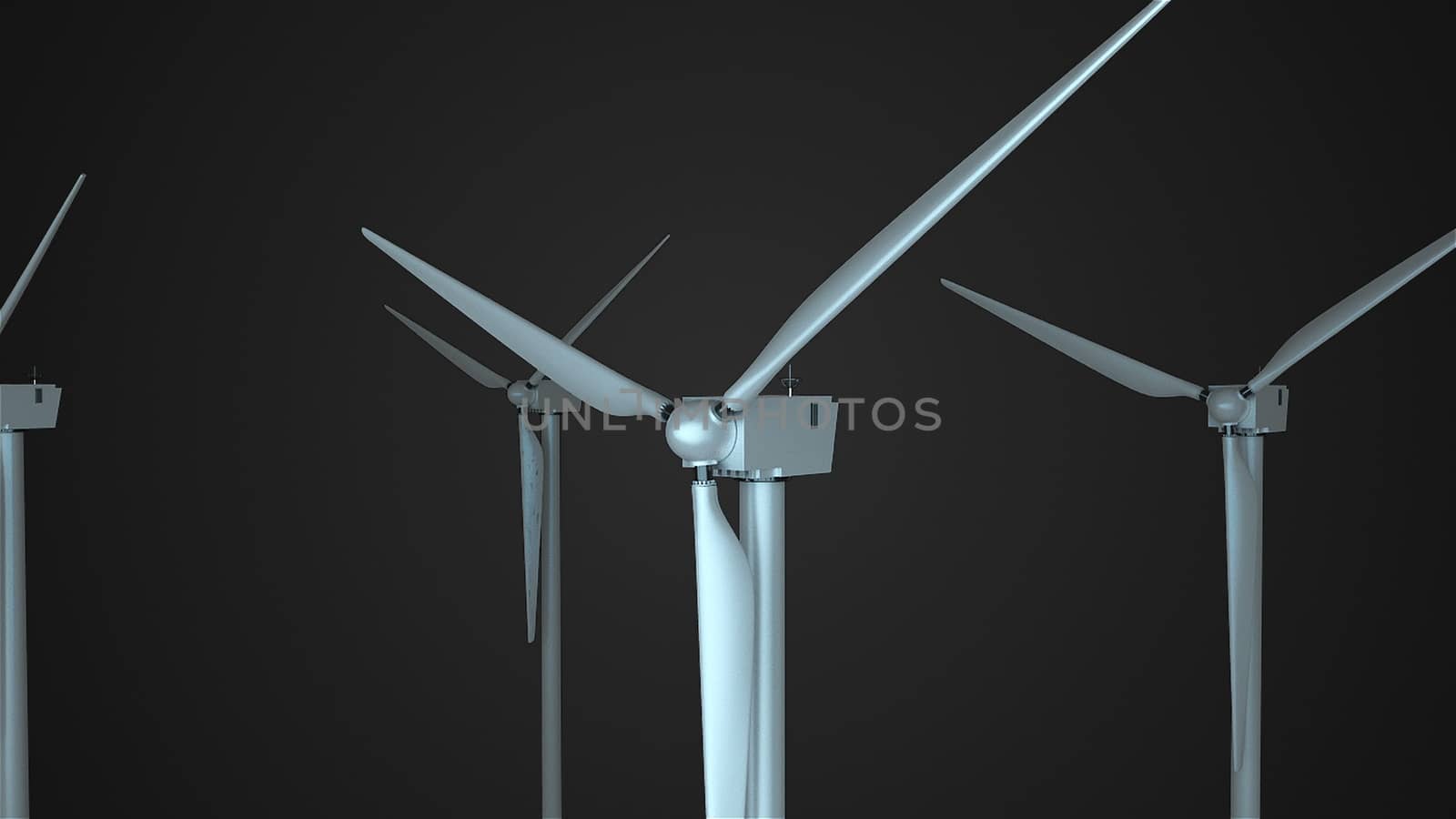 Rotating windmills in space, 3d render background, computer generating for ecology design by nolimit046