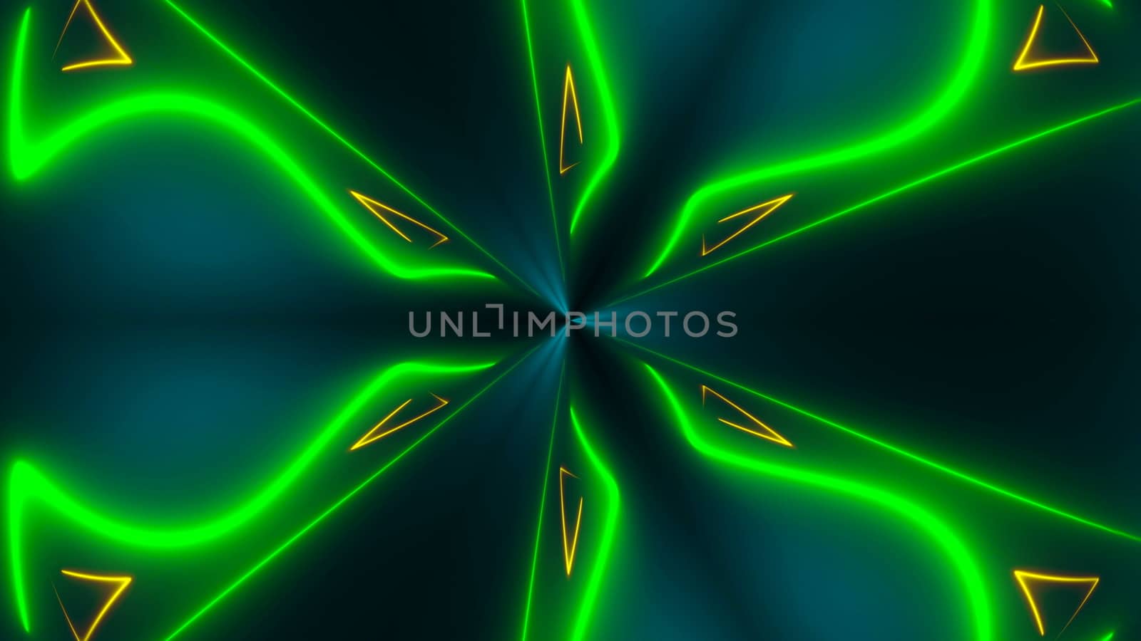 Beautiful abstract symmetry kaleidoscope with shiny neon lines, 3d rendering backdrop, computer generating background