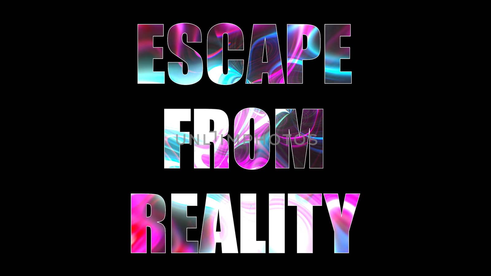 Letters of bright shiny Escape from reality text, 3d rendering background, computer generating for gaming