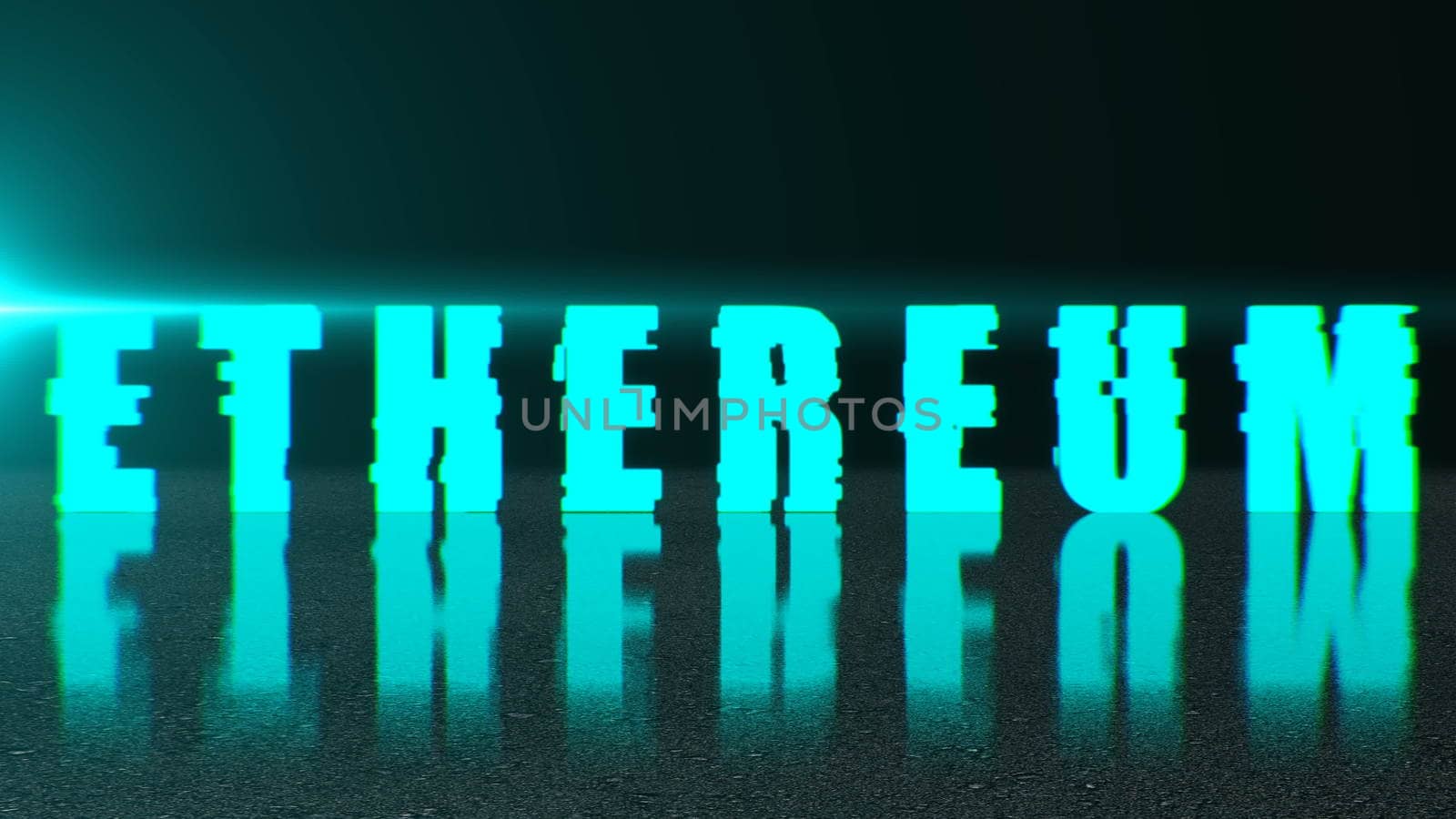 Blockchain concept, stylish ethereum text on surface with reflection, 3d rendering background by nolimit046