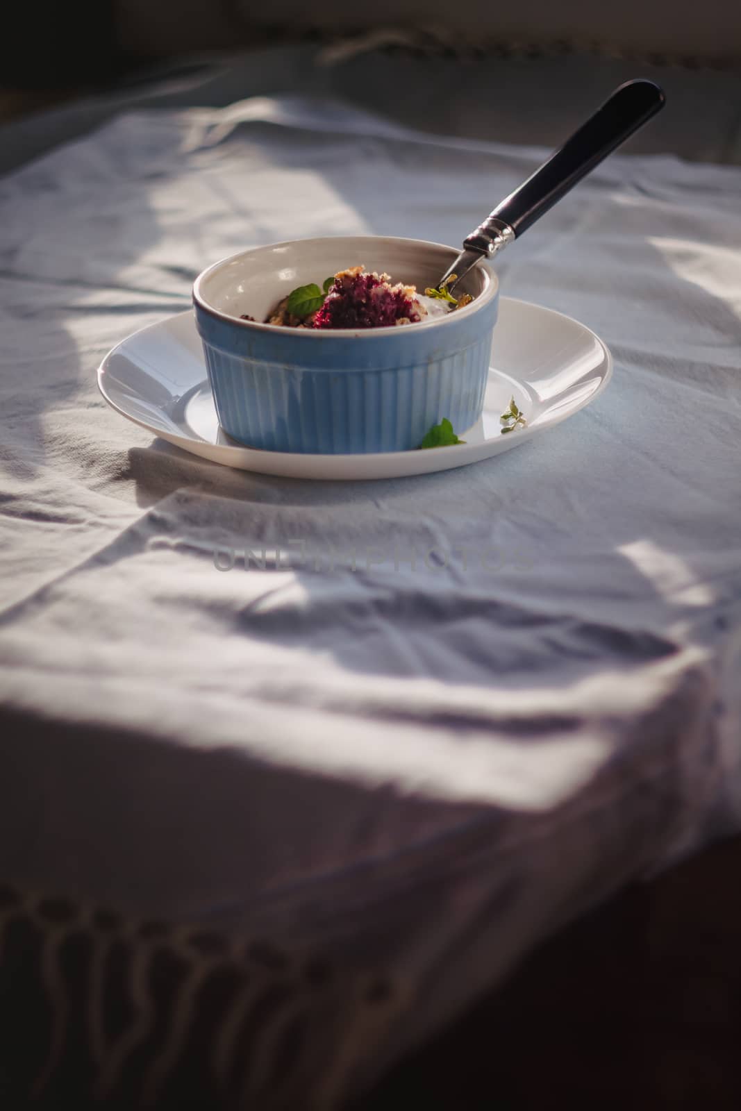 baked oat-blueberry crumble with mint in a white and blue plate on a rustic linen tablecloth. Save the space, top view. The concept of healthy proper nutrition for breakfast, vegetarianism. by Tanacha