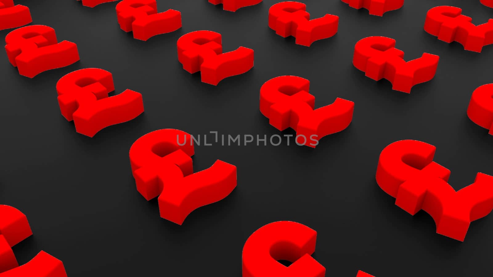 Many signs of pound sterling on black background, 3d Illustration, computer rendering