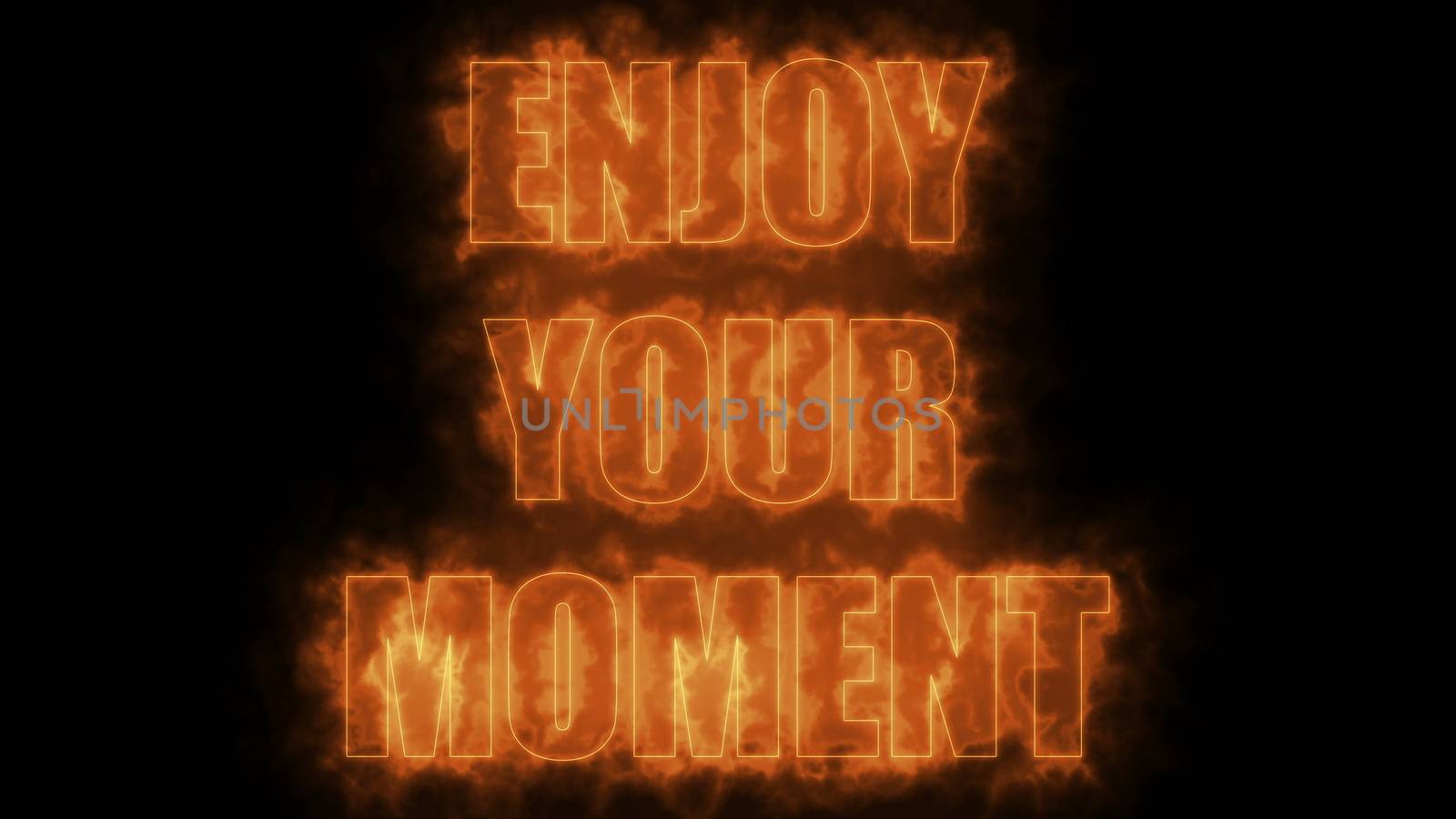 Burning letters of Enjoy your moment text on black, 3d rendering background, computer generating