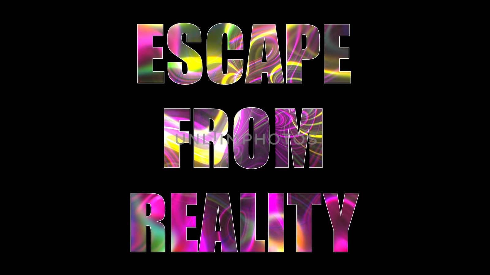 Letters of bright shiny Escape from reality text, 3d render background, computer generating for gaming by nolimit046