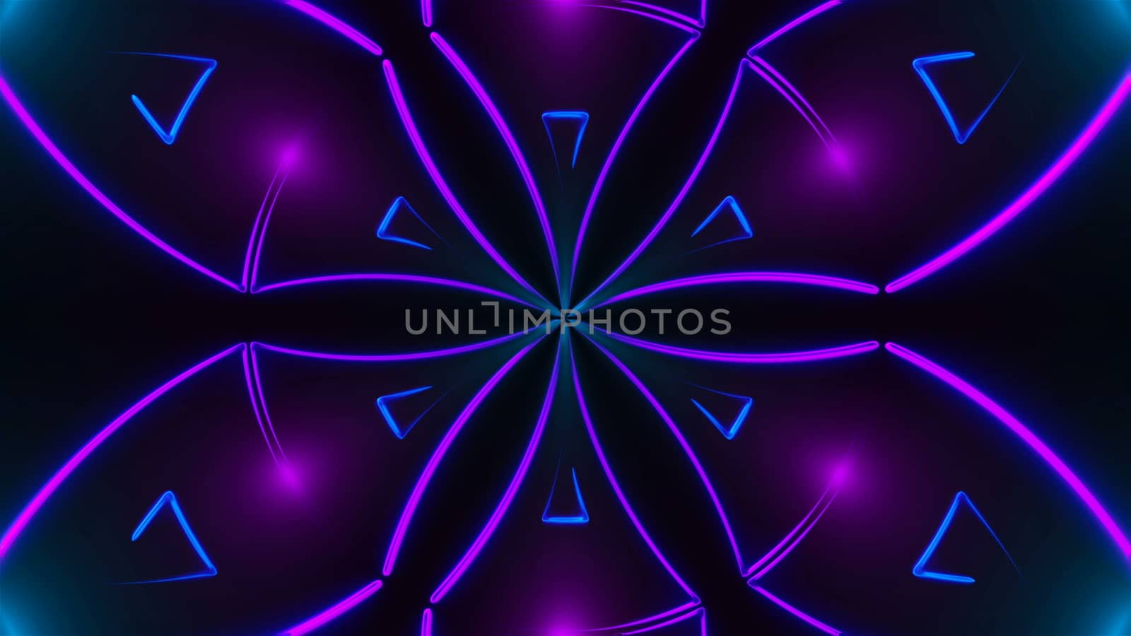 Beautiful abstract symmetry kaleidoscope with shiny neon lines, 3d rendering backdrop, computer generating background