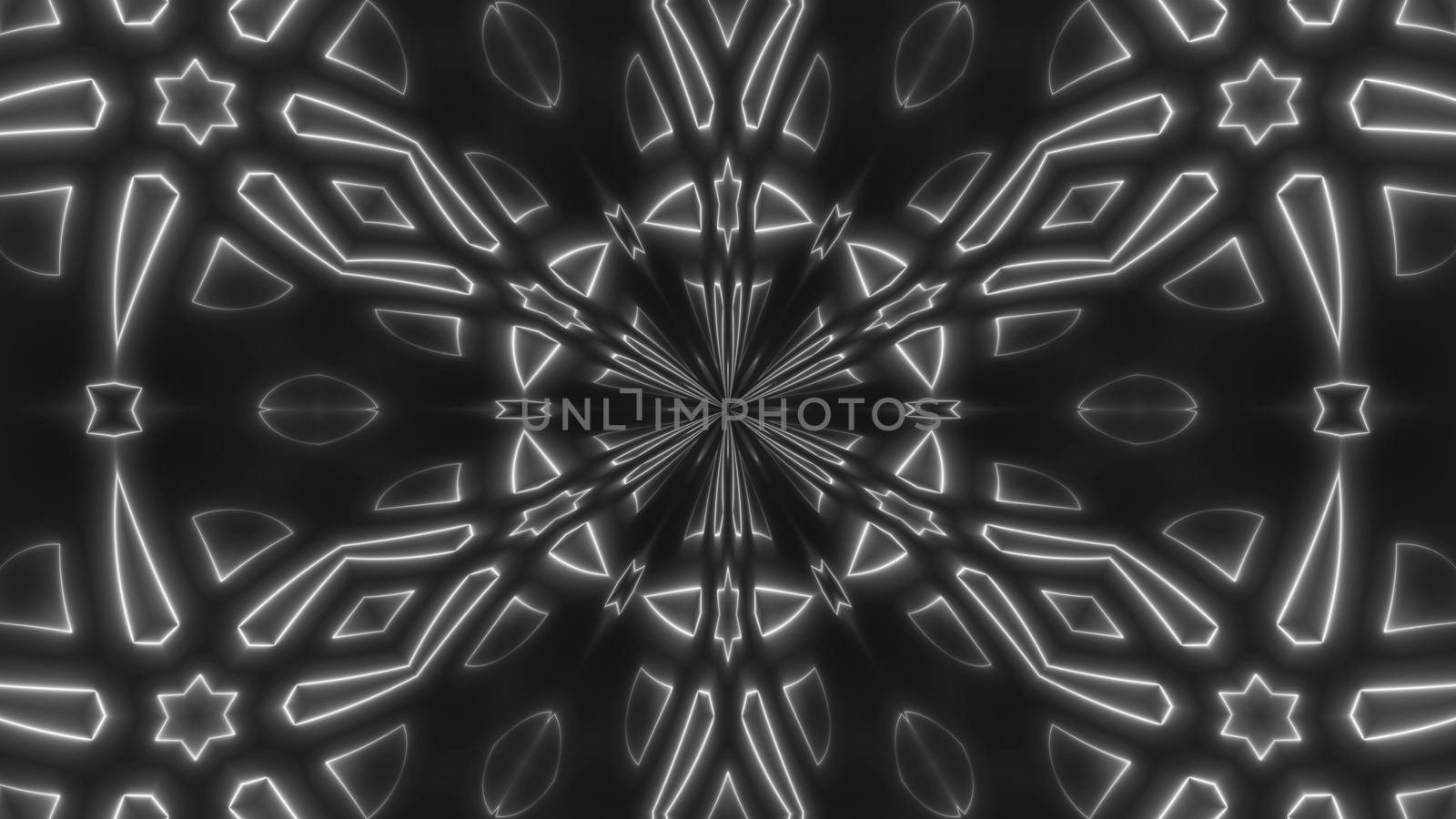 Beautiful abstract symmetry kaleidoscope with shiny neon lines, 3d rendering backdrop, computer generating background