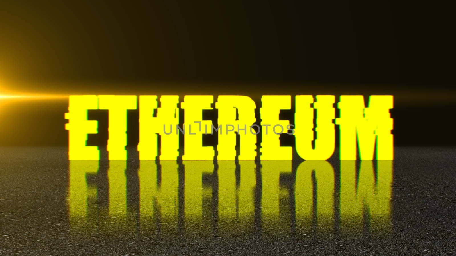 Blockchain concept, stylish ethereum text on surface with reflection, 3d rendering background by nolimit046