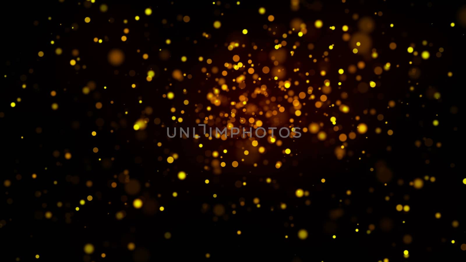 Many gold glittering particles in space, computer generated abstract christmas background, 3D rendering