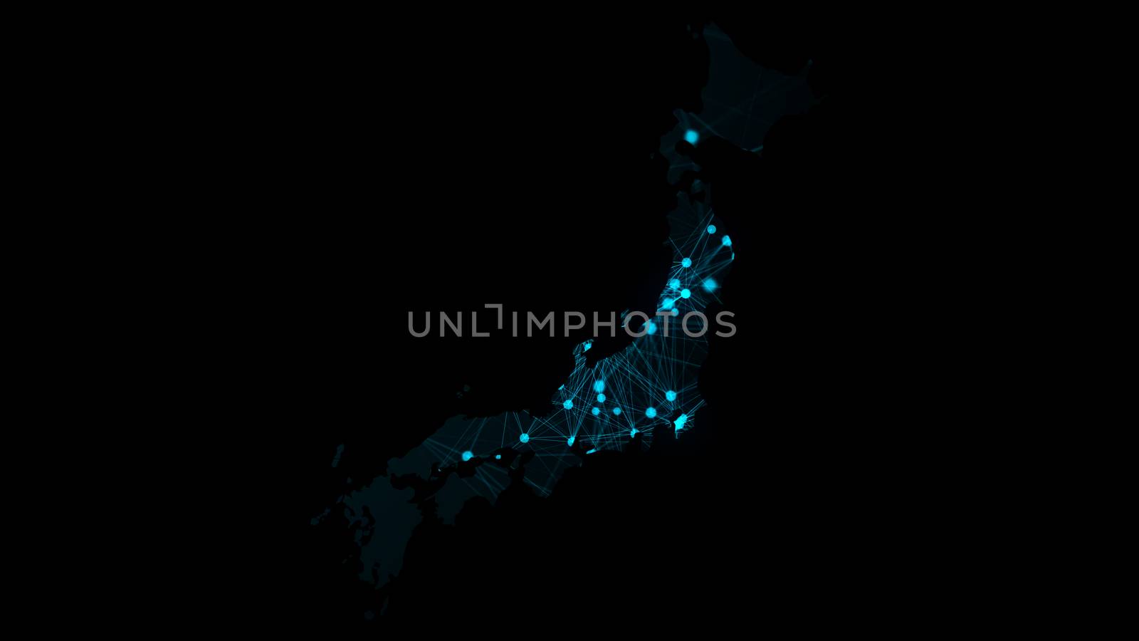 Japan map with many network connections, 3d rendering computer generated background