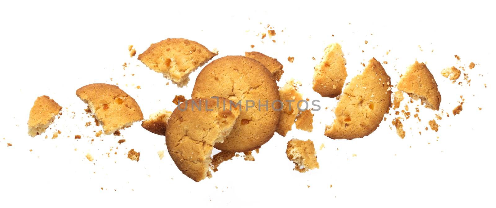 Broken oatmeal cookies isolated on white background with clipping path. Collection