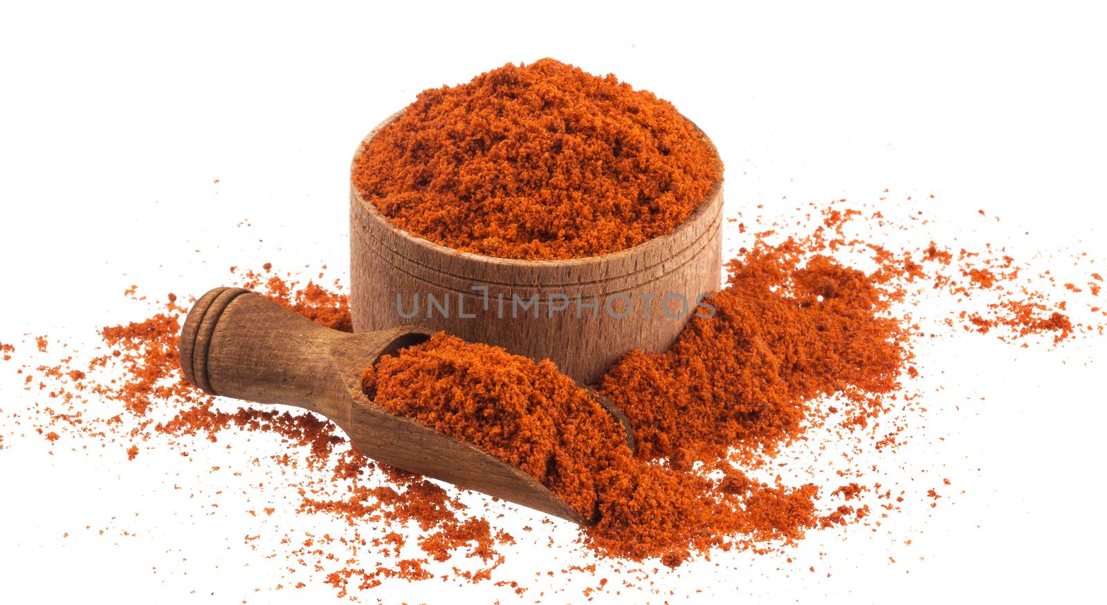 Red paprika powder in wooden bowl and scoop isolated on white background by xamtiw
