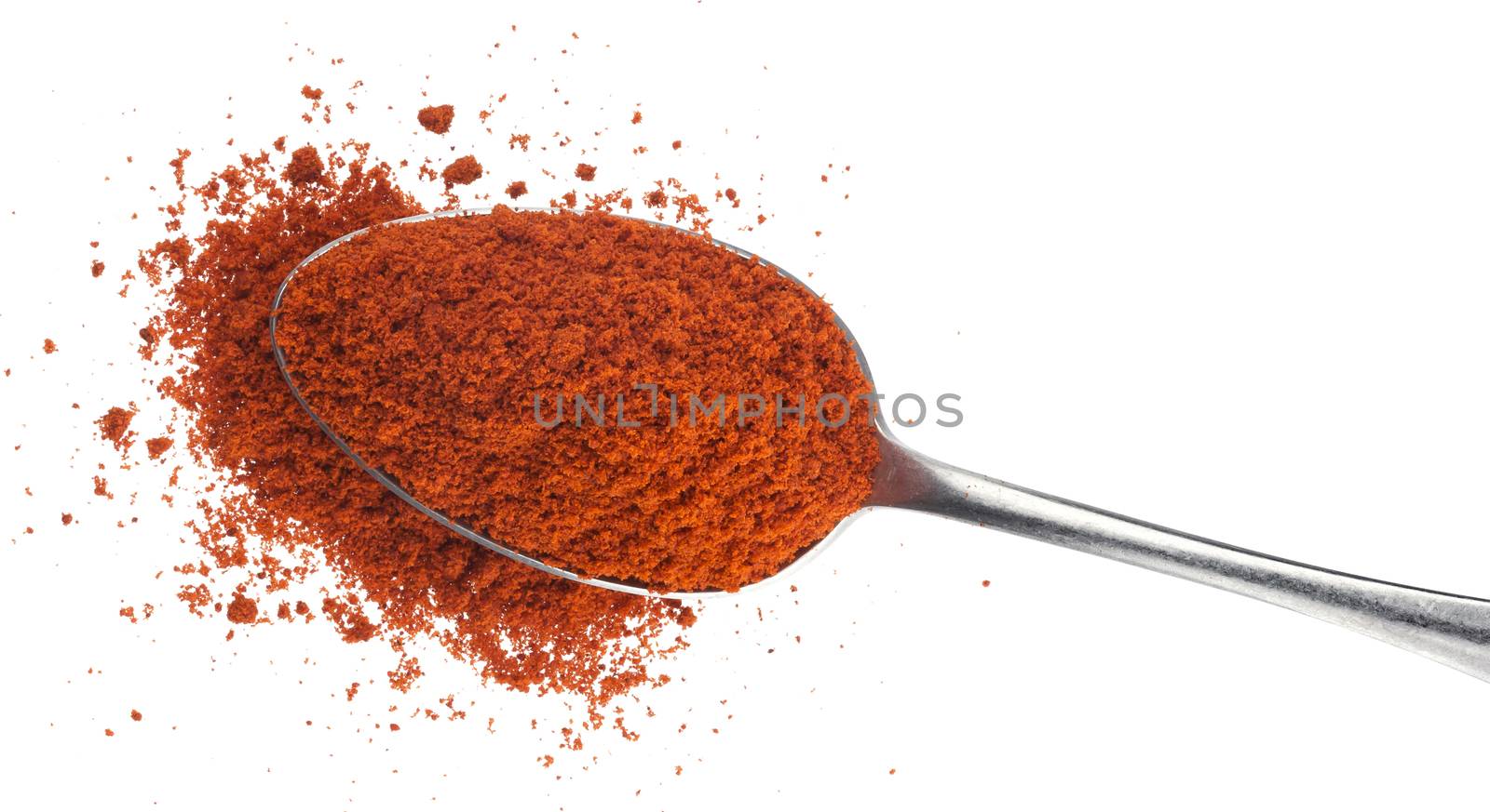 Ground red paprika in spoon isolated on white background. Top view by xamtiw