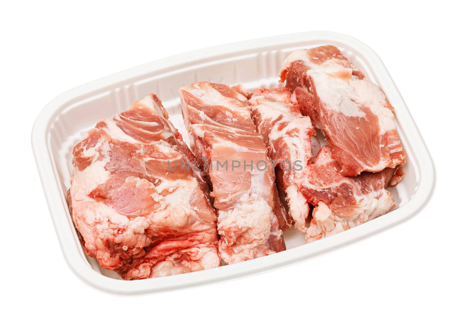 Pork spine bone for soup in biodegradable plastic tray, deep focus stacking image, include pen tool path
