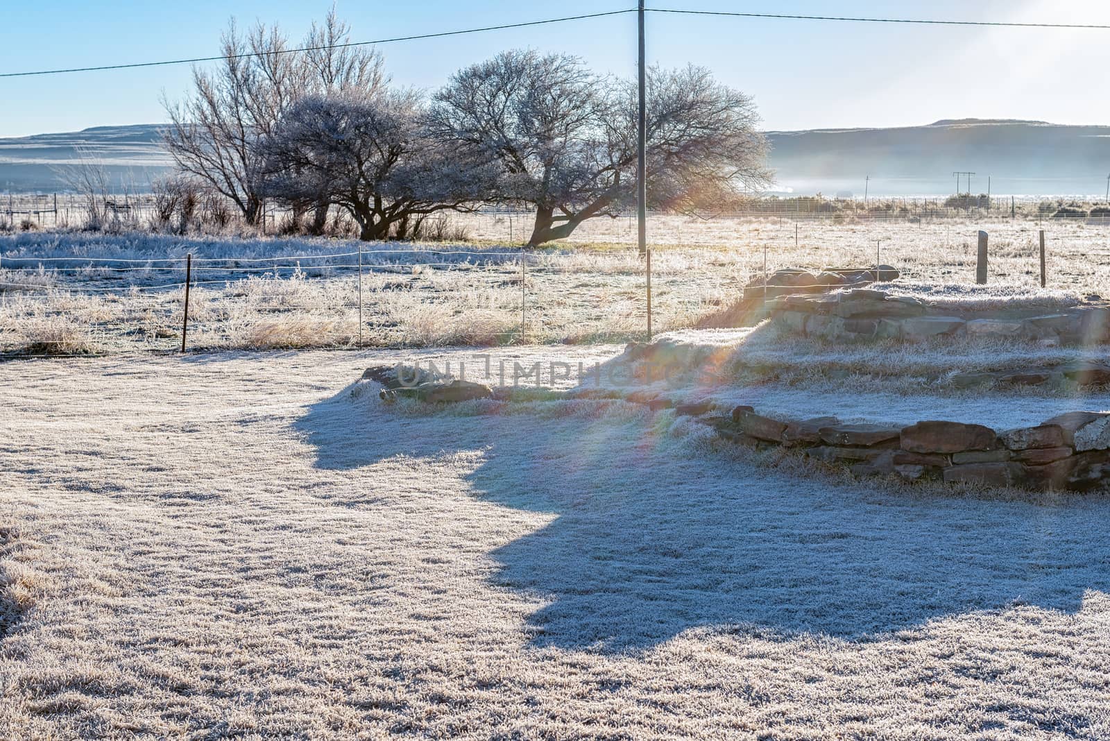 Heavy frost at a farm near Sutherland in the Northern Cape Province. Rainbow colors are visible