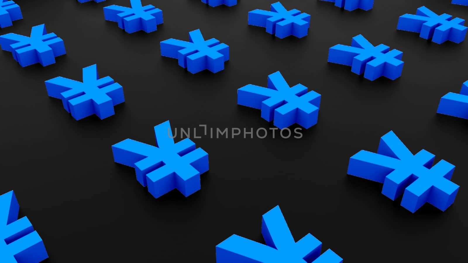 Many signs of yen on black background, 3d Illustration, computer rendering