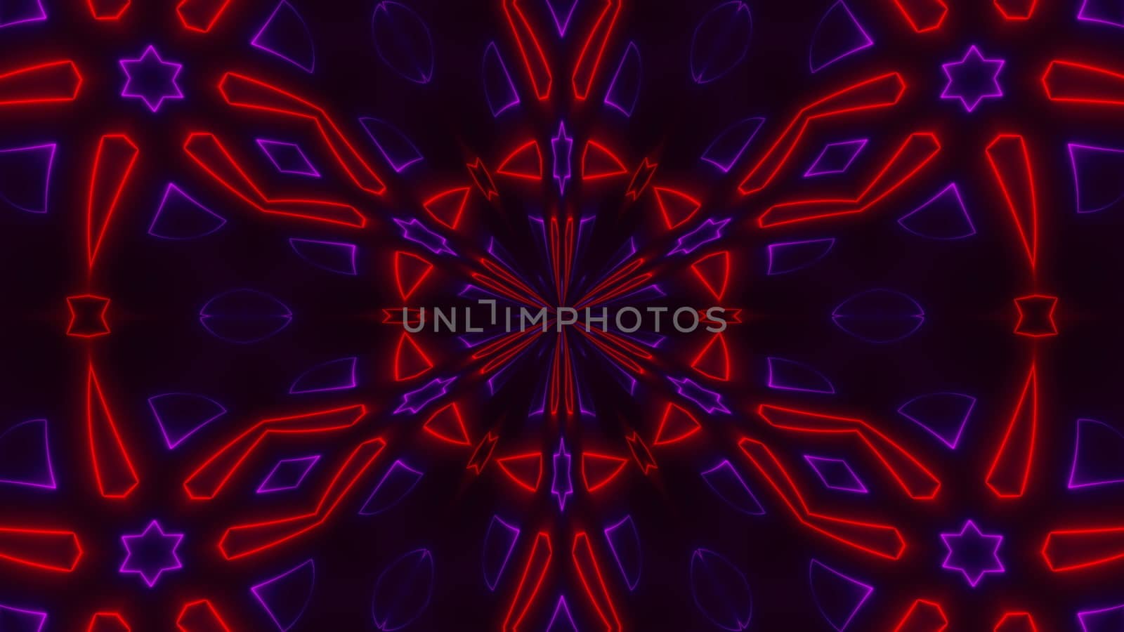 Beautiful abstract symmetry kaleidoscope with shiny neon lines, 3d rendering backdrop, computer generating background