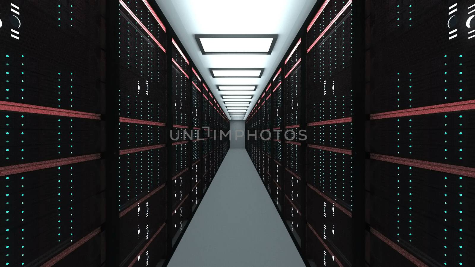 Large server room interior in datacenter, web network and internet telecommunication technology, data storage and cloud service concept, 3d render by nolimit046