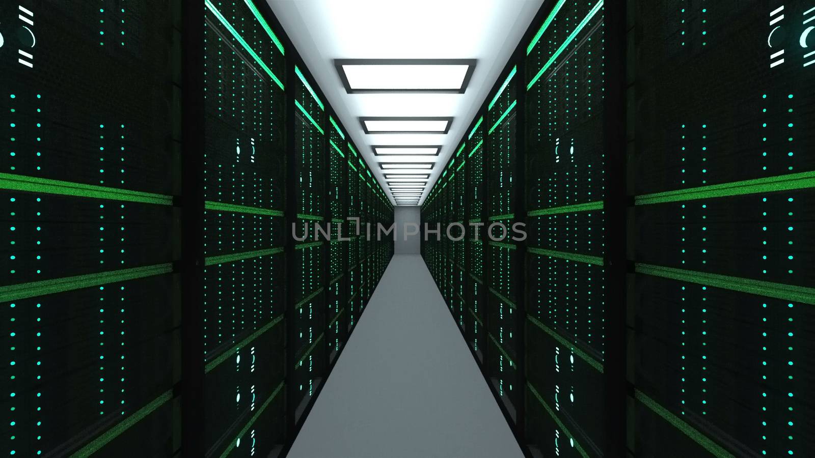 Modern server room interior in datacenter, web network and internet telecommunication technology, big data storage and cloud service concept, 3d render by nolimit046