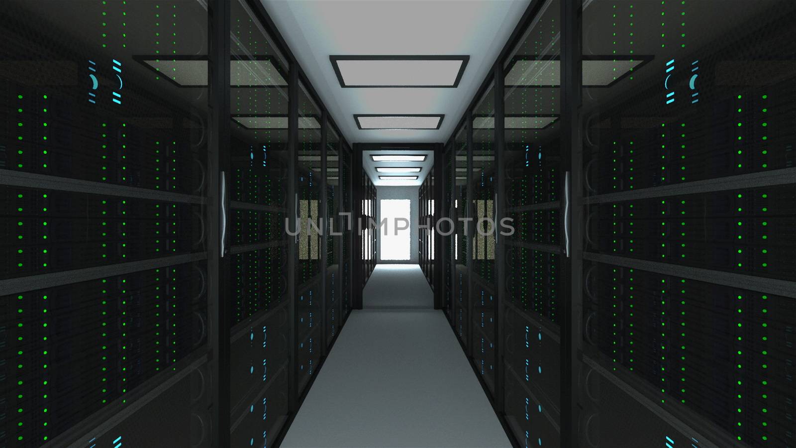 Modern server room interior in datacenter, web network and internet telecommunication technology, big data storage and cloud service concept, 3d render by nolimit046
