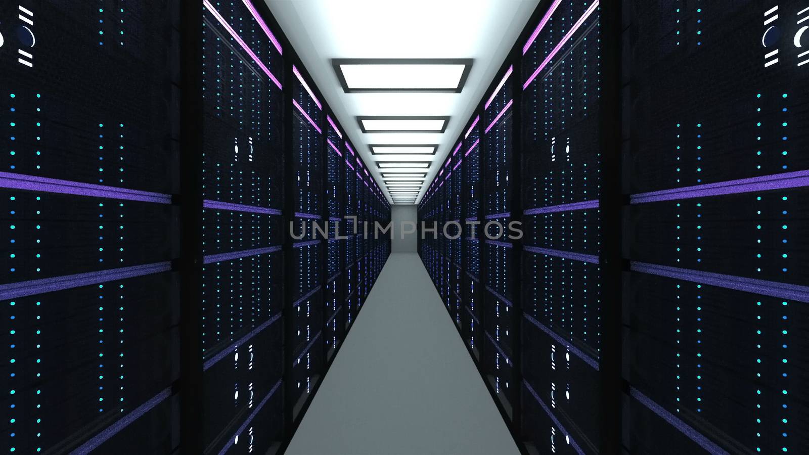 Modern server room interior in datacenter, web network and internet telecommunication technology, big data storage and cloud service concept, 3d render by nolimit046