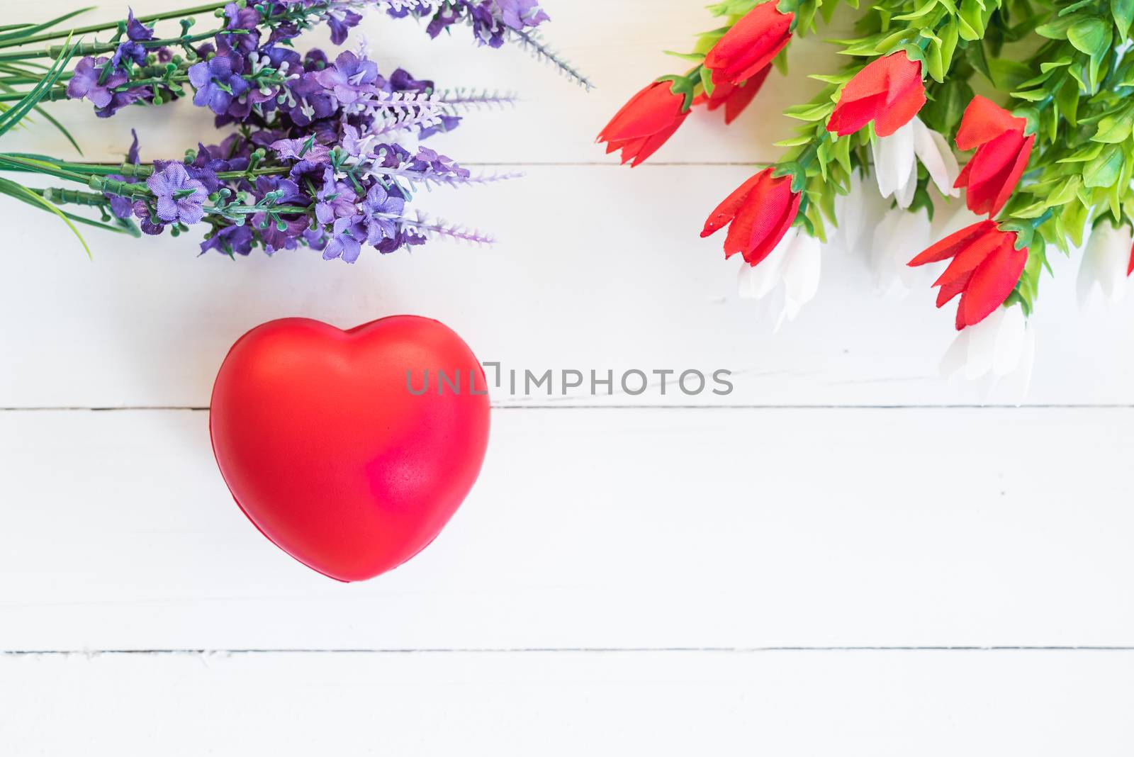 Red heart and flower on white wooden background with copy space, valentine day concept