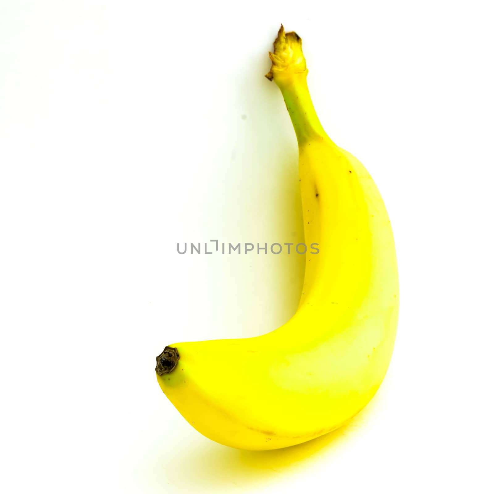 One banana isolated on white background. Single fresh organic banana with clipping path and copy space