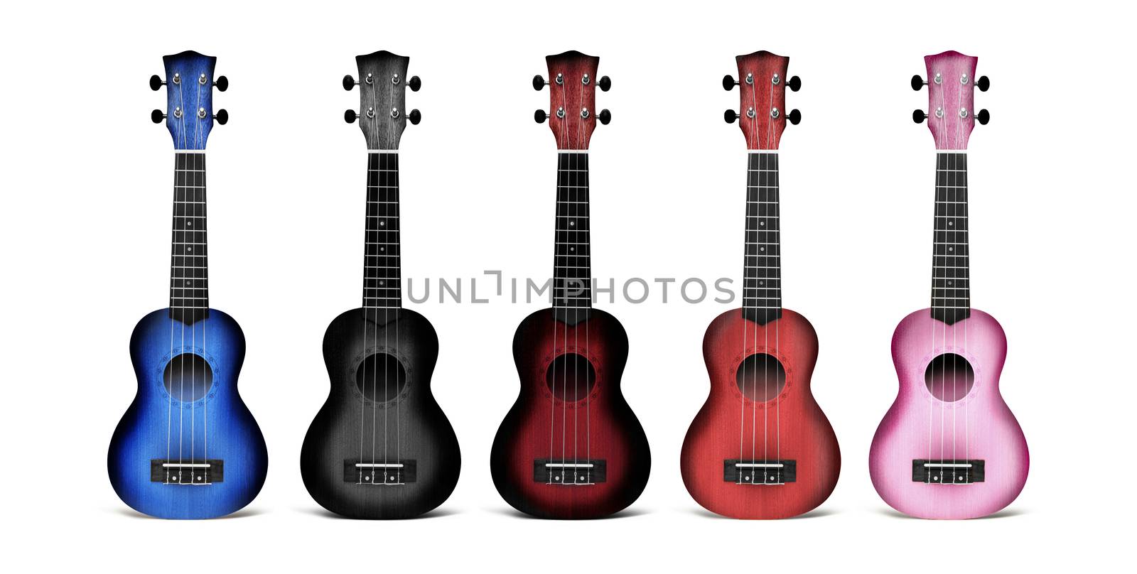 Ukulele guitars of different colors blue, black, dark red, pink. Isolated, close-up on white background