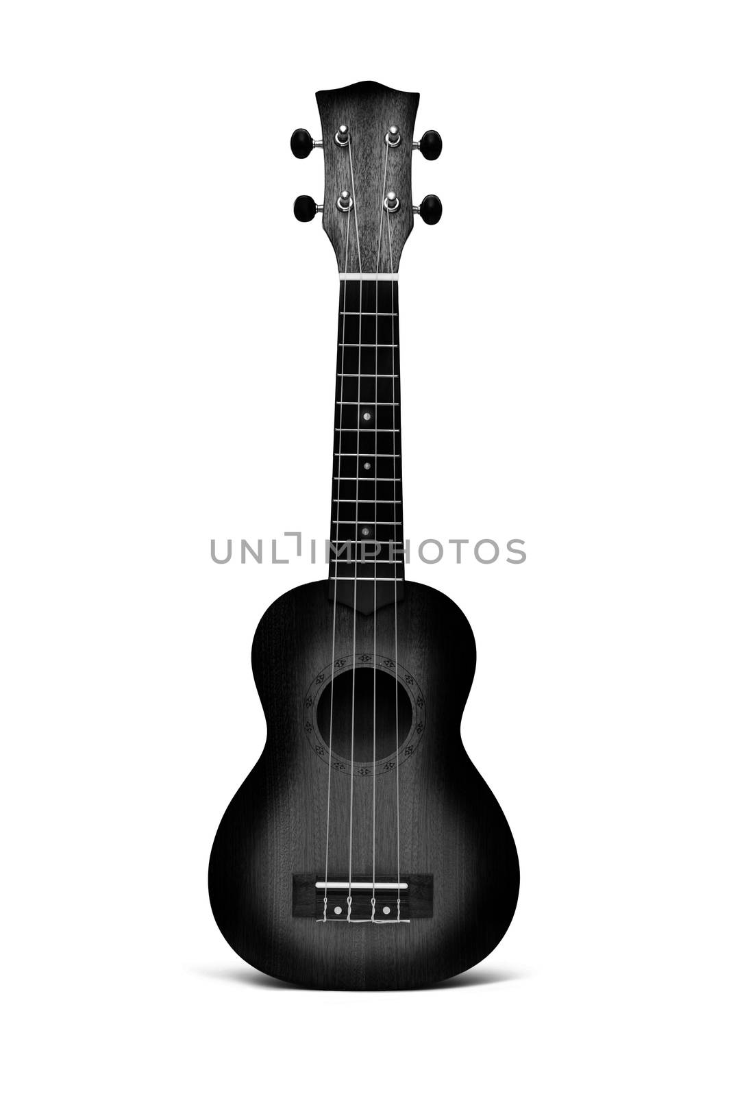 The black ukulele guitar isolated on the white background