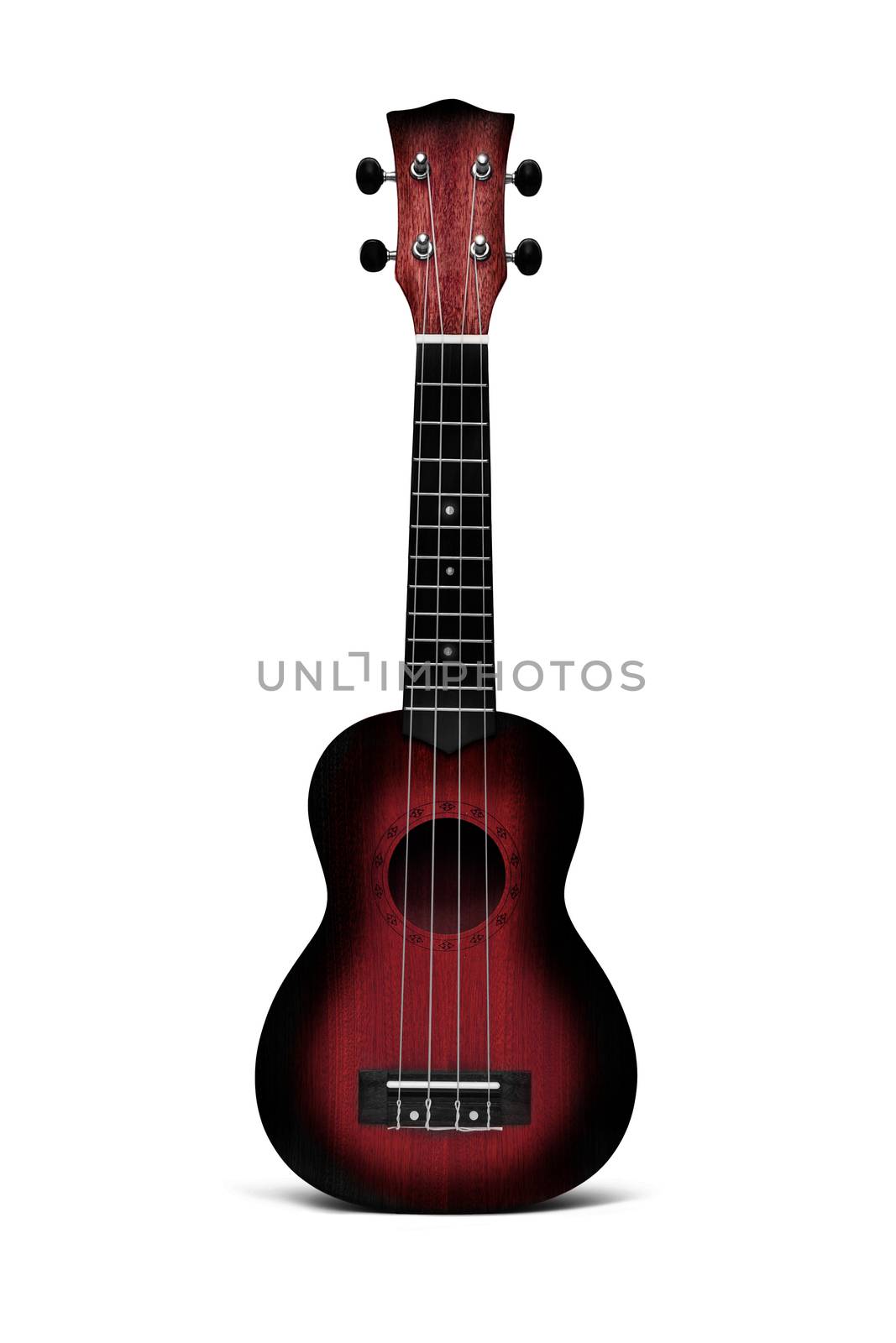 The dark red ukulele guitar isolated on the white background