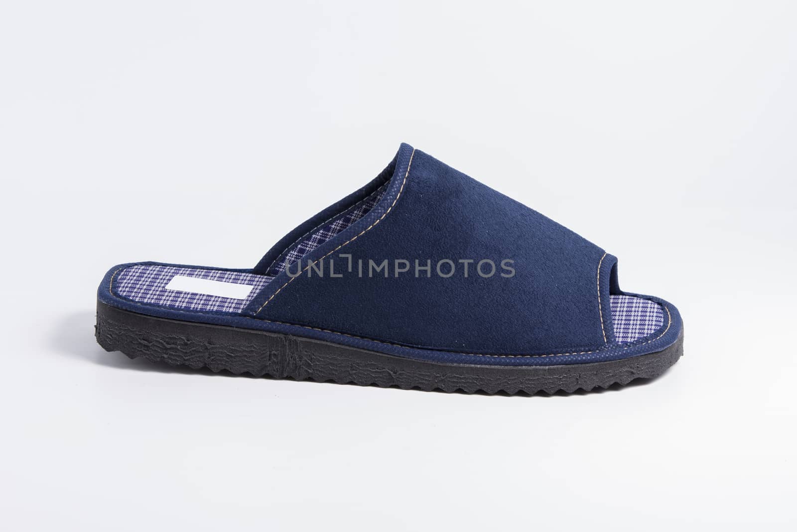 Male blue slipper on white background, isolated product.