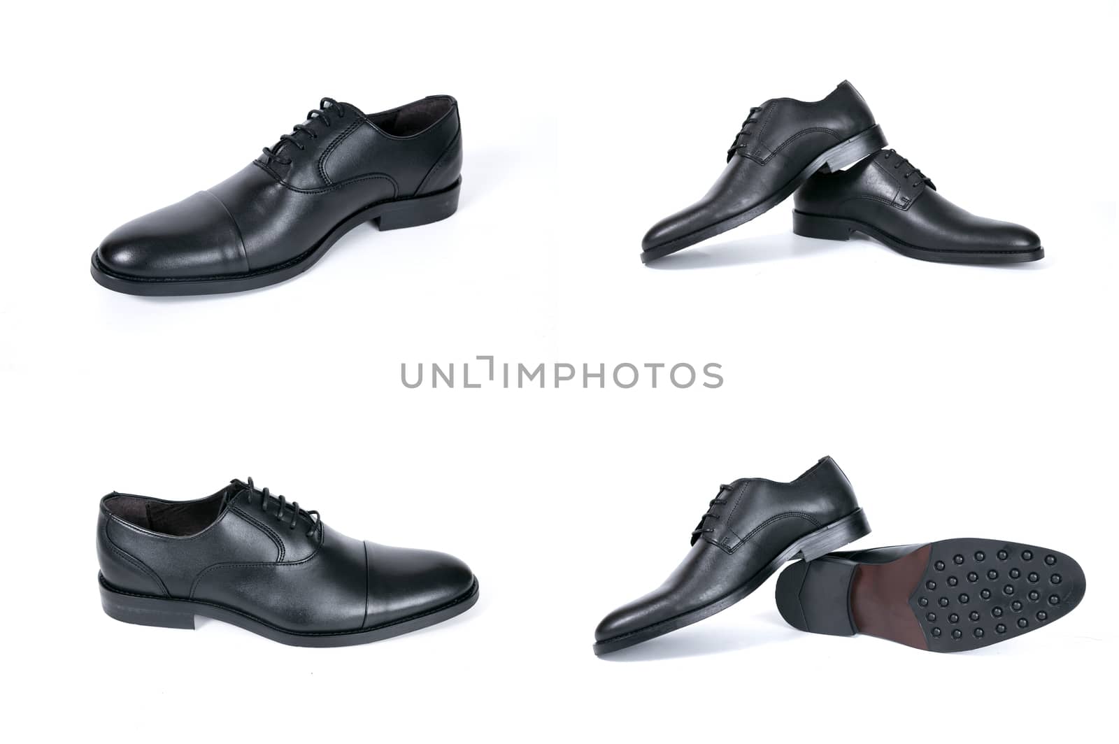 Group of black shoes on white background, isolated product.